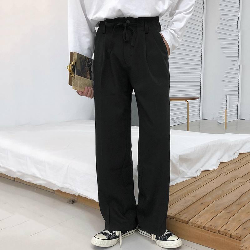 

Fashion Men Straight Pants Streetwear Solid Color Lace Up Trousers Men Baggy Korean Style Casual Pantalones Hombre -5XL INCERUN, Black