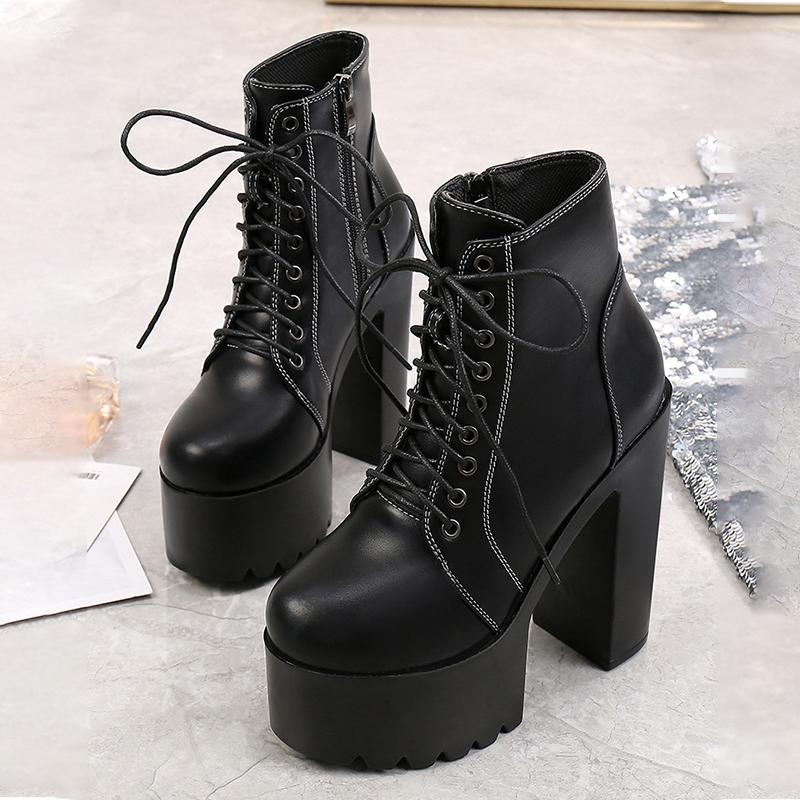 

Woman Lace Autumn Boots Womens Ladies Chunky Wedge Platform Black Ankle Boots Punk Goth New Arrival 2020, White