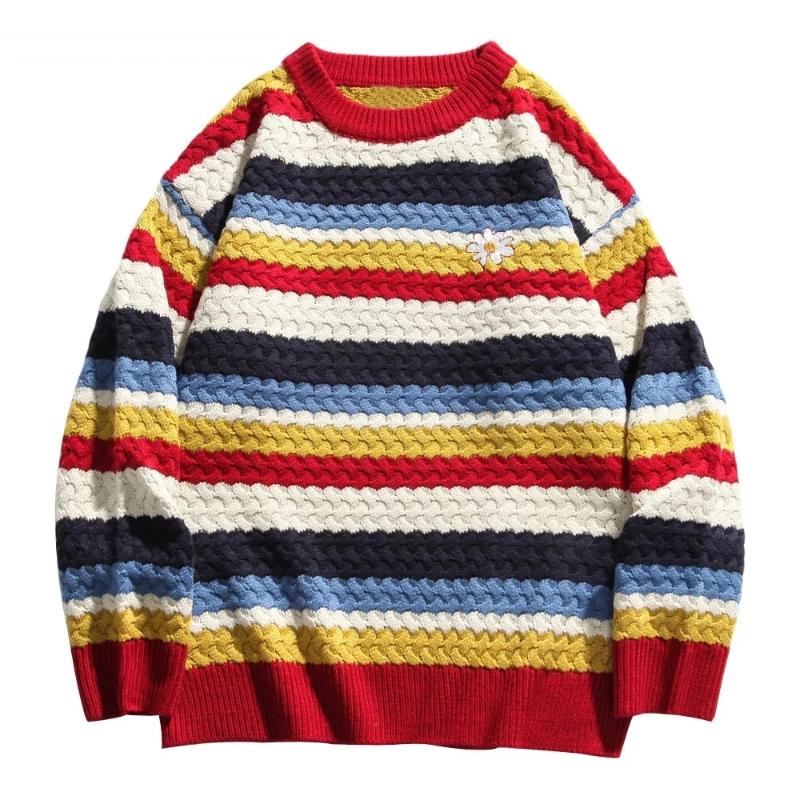 

Knitted Rainbow Stripes Sweater Embroidery Daisy Flower Sweaters Streetwear Men Women Fashion Casual Pullovers Knitwear Tops, Burgundy