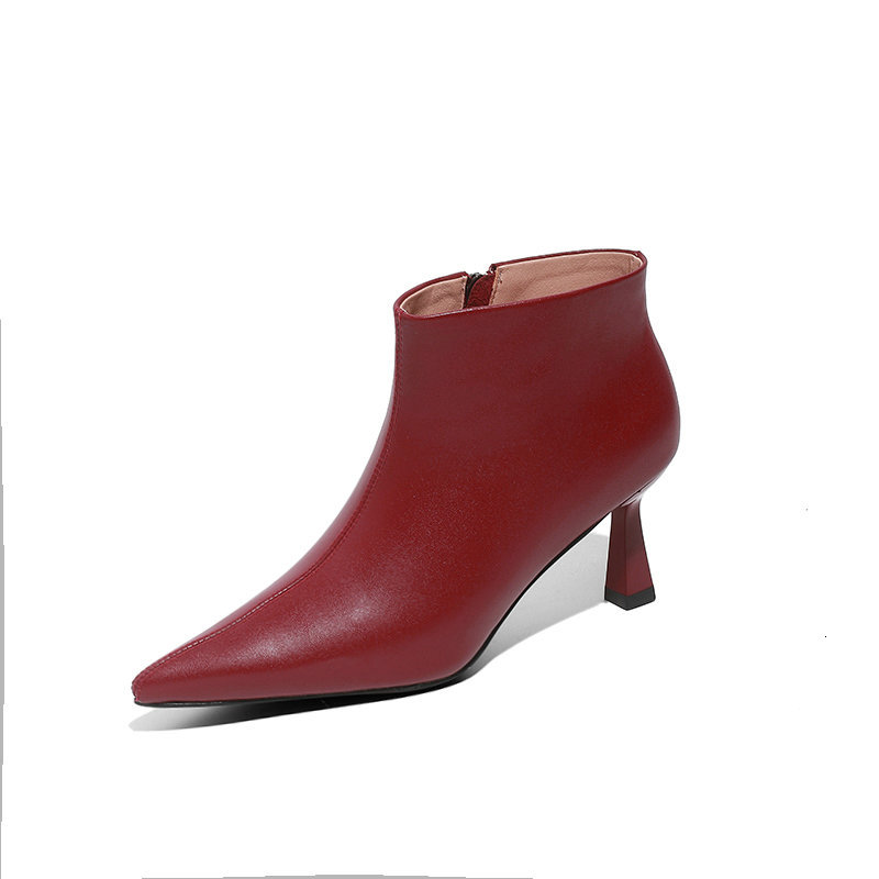 

2021 Genuine Leather Ladies Boots Pointed Toe Fine Heels Pumps New Wedding Dancing Shoes Woman Lkiz, Wine red