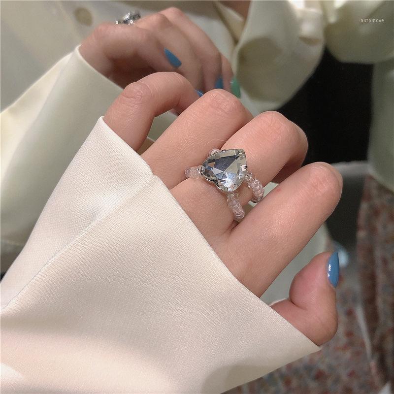 

2020 Kpop Aesthetic Heart Shaped Double Layer Transparent Crystal Bead Rings For Women Girls Party Wedding Engagement Jewelry1
