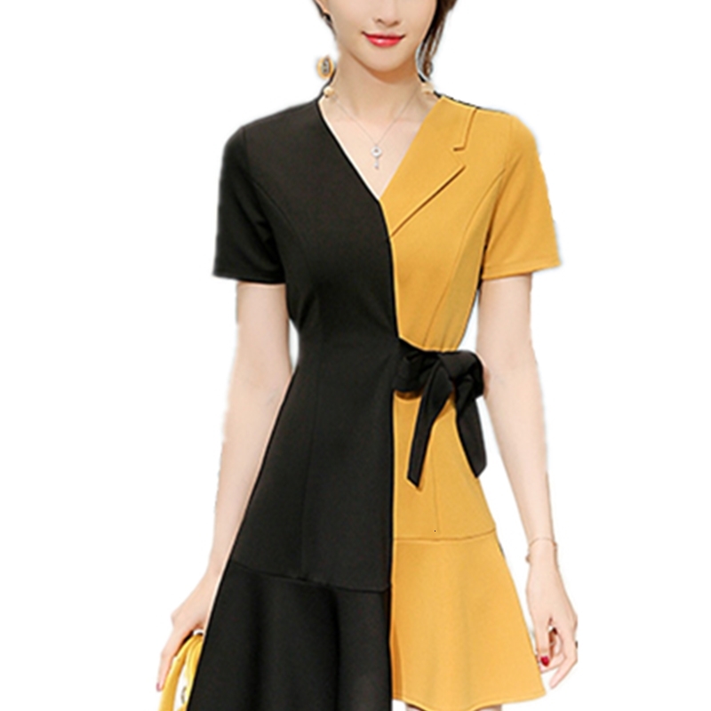 

2021 New Fahion Asymmetry Black Yellow Patchwork Summer Elegant Sexy Robe Femme Irregular Lady Party Wear Office Fpbt, Blue