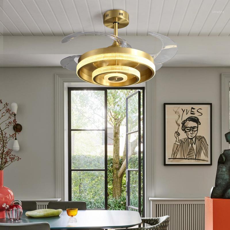 

Light luxury copper lampshade invisible fan chandelier simple bedroom fan lamp living room atmosphere dining room lamp1
