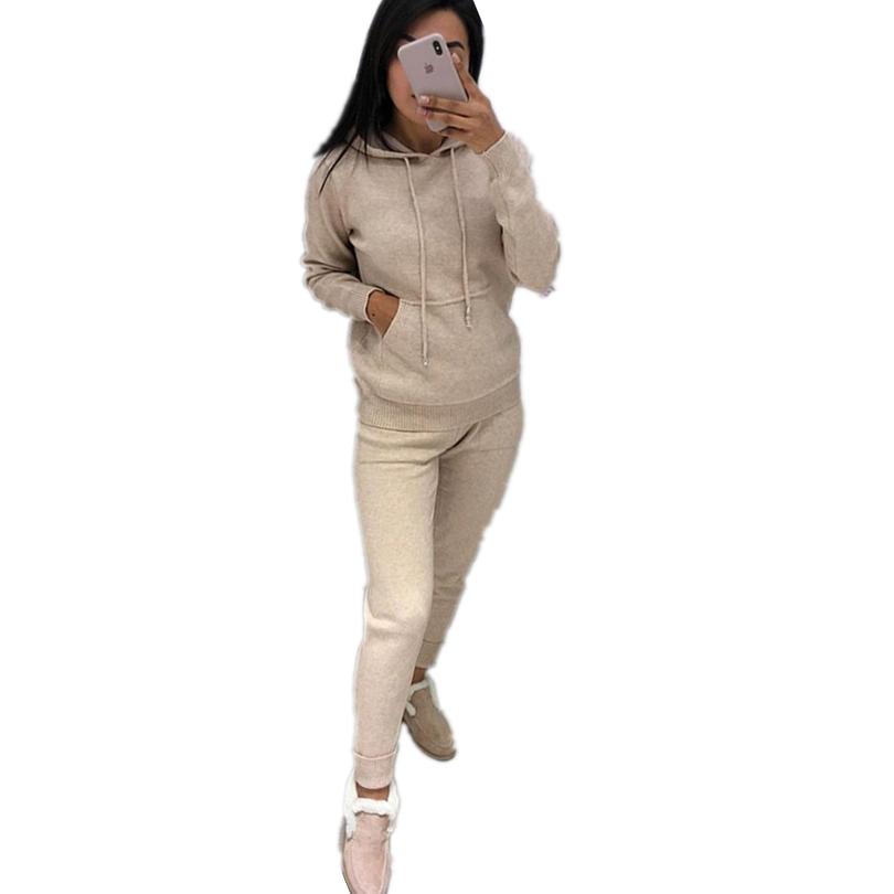 MVGIRLRU Autumn Winter Women's Knitted Tracksuit Hooded Solid Color Large Pocket Knit Two-piece Suit 201120Z