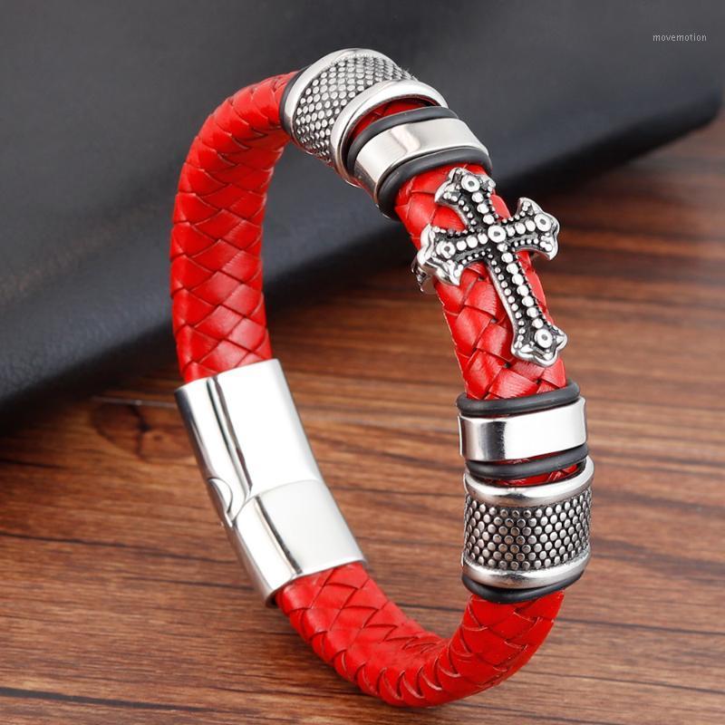 

red Genuine Leather Bracelet for Men Jewelry Stainless Steel Infinity Bangle Magnetic Clasp Braid Trendy Chain For Male1