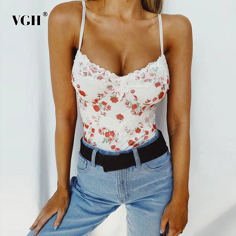 

VGH Elegant Print Women Bodysuit Square Collar Sleeveless Spaghetti Strap Slim Hit Color Patchwork Lace Bodysuits For Female New, As picture