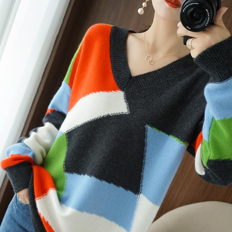 

Fall/winter New Style Female Big V-Neck Loose Color-Block Pullover Sweater With Shoulder Drop 100% Pure Wool Sweater Plus Size, Multi
