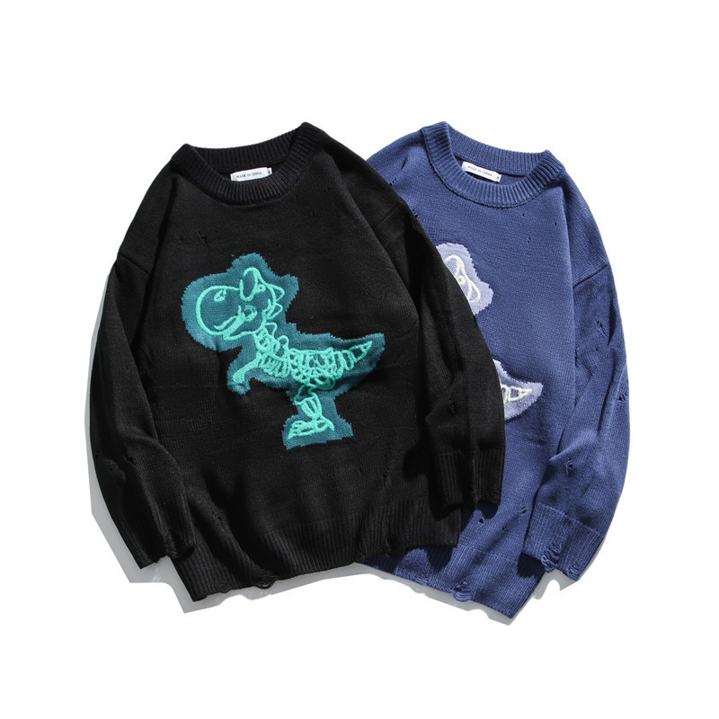 

2021 Dinosaur Hong Kong Taste Young Salt Male and Female Sweater Version Trend Hole Breaks Coxz, White;black