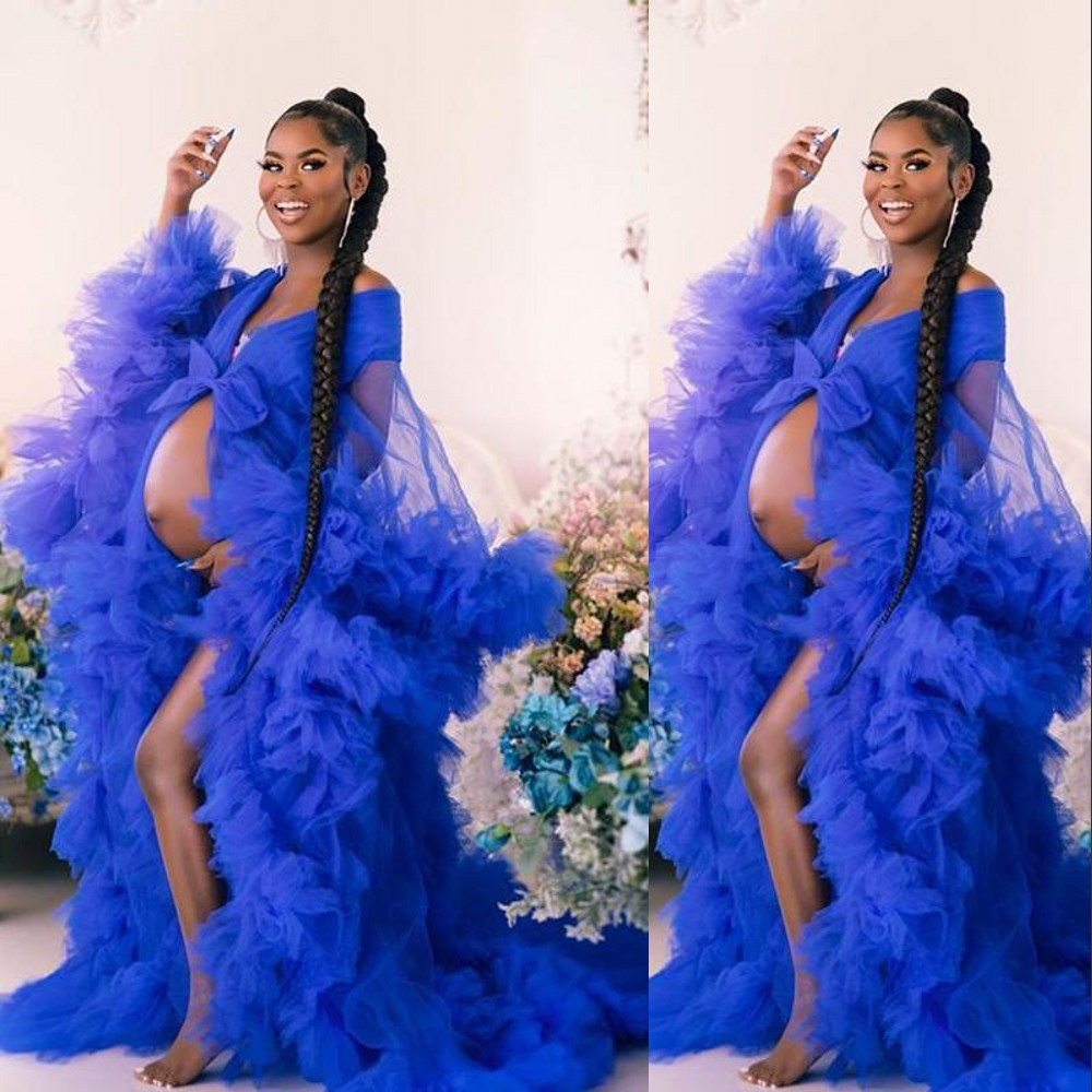 

2021 Maternity Dress for Photoshoot Babyshower Maternity Prom Dresses Designer Shooting Dress Royal Blue Ruffles Long Sleeves Evening Dress, Hunter