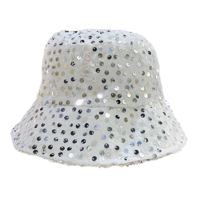 

Women Summer Sunscreen Bucket Hat Glitter Sequins Feather Tassels Wide Brim Breathable Packable Beach Fisherman Cap, Black
