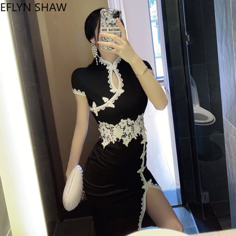 

2021 New Bainha Ladies'dress Sexy Summer with Short Sleeves Cheongsam High Waist at the Height Black Knee Fine Lace Split Midi Dress 6AI2