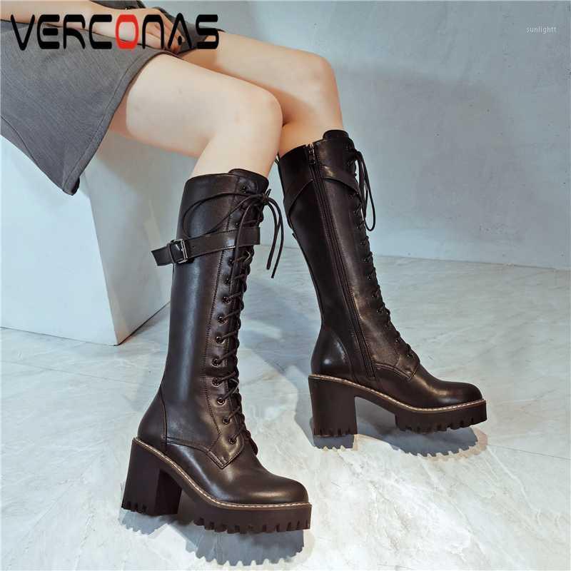 

VERCONAS Autumn Winter Women Knee-High Boots 2020 New Cross-Tied Platforms Shoes Woman Side Zipper Genuine Leather Long Boots1, Black