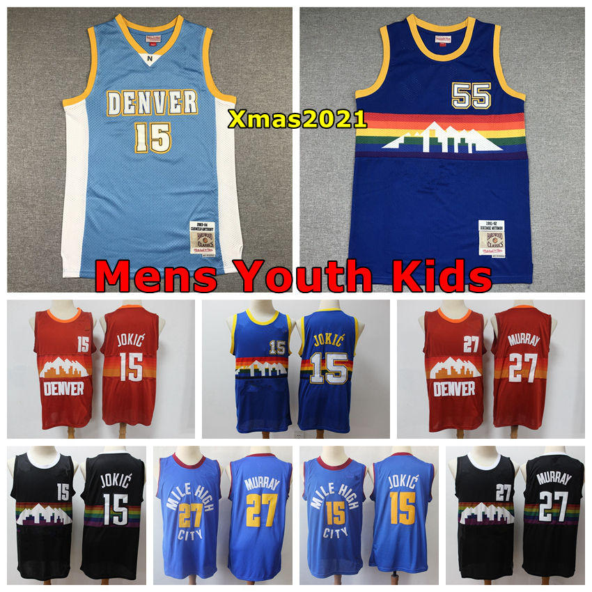 

Denvers 2021 Mens Youth Kids Swingman Jersey 27 Murray 15 Jokic 55 Dikembe Mutombo 15 Carmelo Anthony Basketball Jersey With Real Logo Tags, Black;red