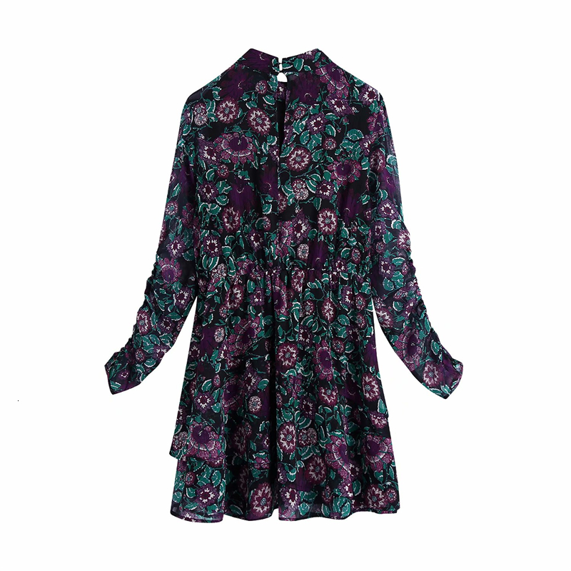 

2021 New Vintage Women Floral Print Es Fashion Ladies Chiffon Elegant Female Boho Stand Collar Chic Girl Vestidos Jndf, Green