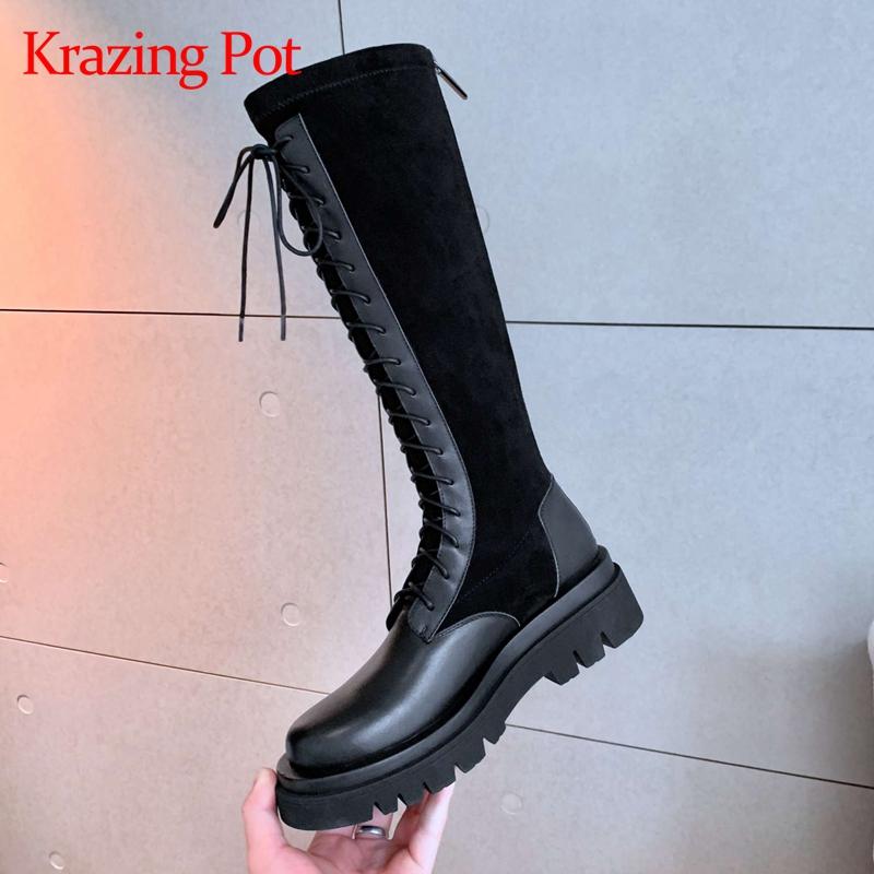 

Krazing pot 2020 new arrival genuine leather motorcycle boots patchwork cross-tied thick bottom young lady knee-high boots L29, Black2