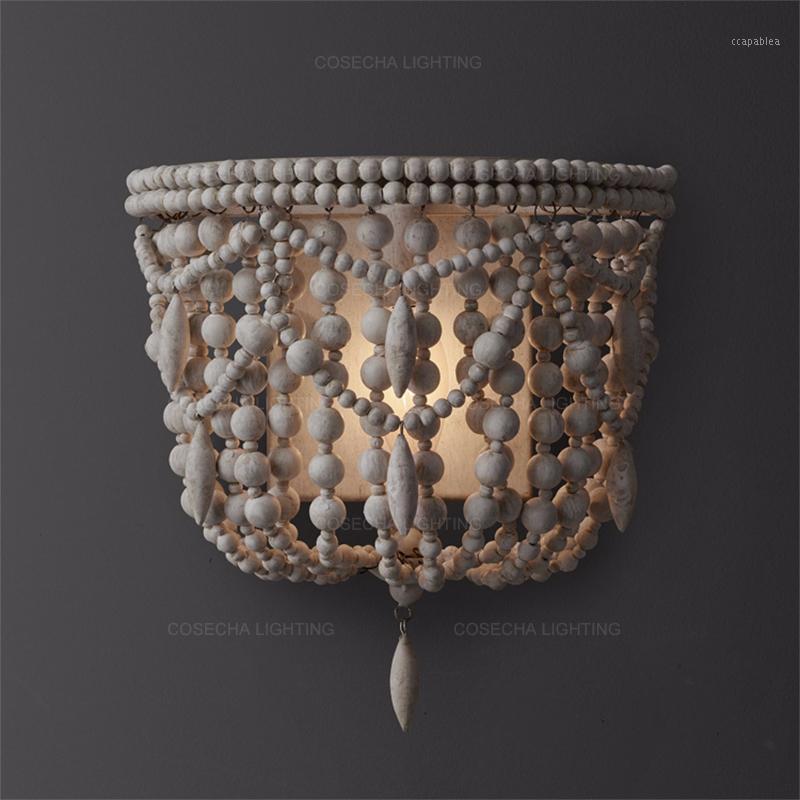 

Vintage white wooden beads wall lamp french american anqitue wooden wall sconce in bedroom farmhouse hallway corridor babys room1