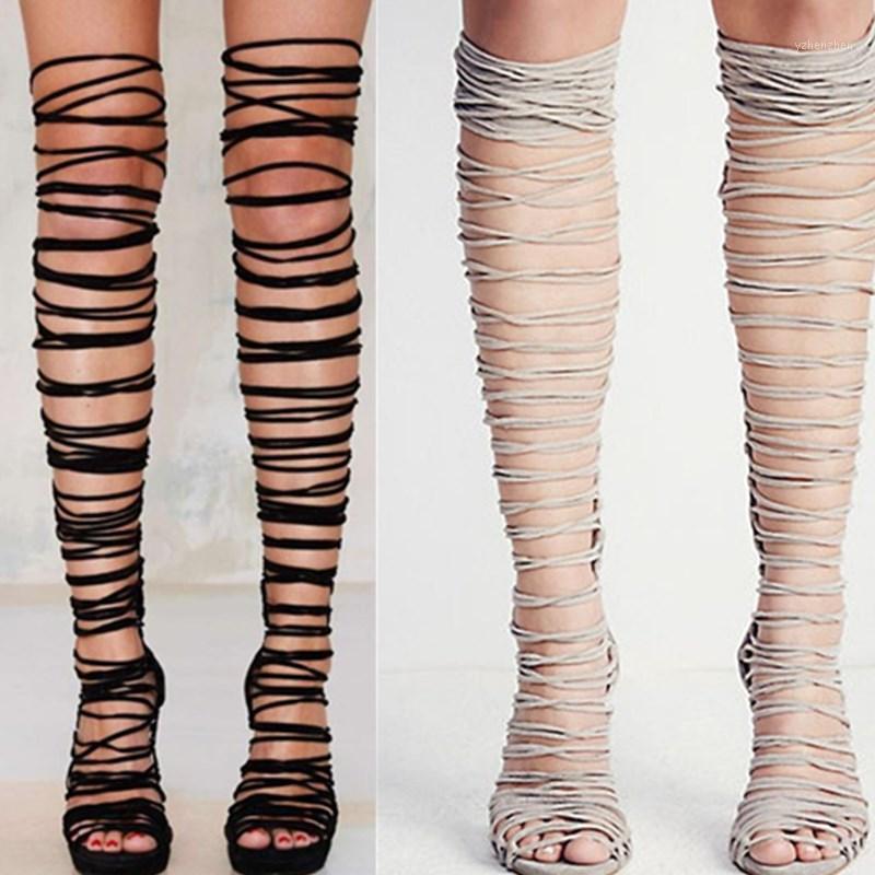 

Boots Sexy Fringe Over The Knee Sandal Fashion Flock Lace Up High Heels Rome Women Summer Shoes Zapatos De Mujer1, Black