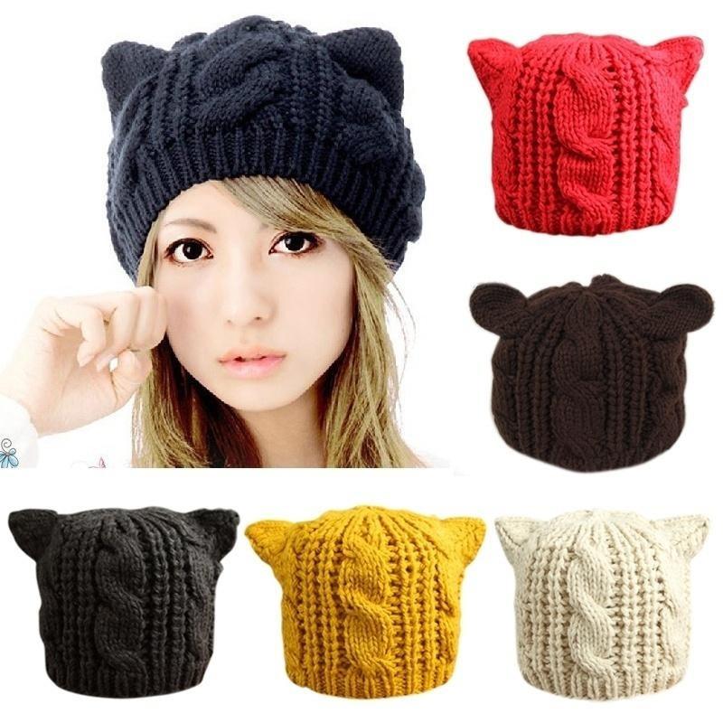

Women Warm Solid Color Hip-hop Cap Cat Ears Hat Beanie Lady Girls Winter Knitted Skullies Beanies Casual Wool Caps, Black