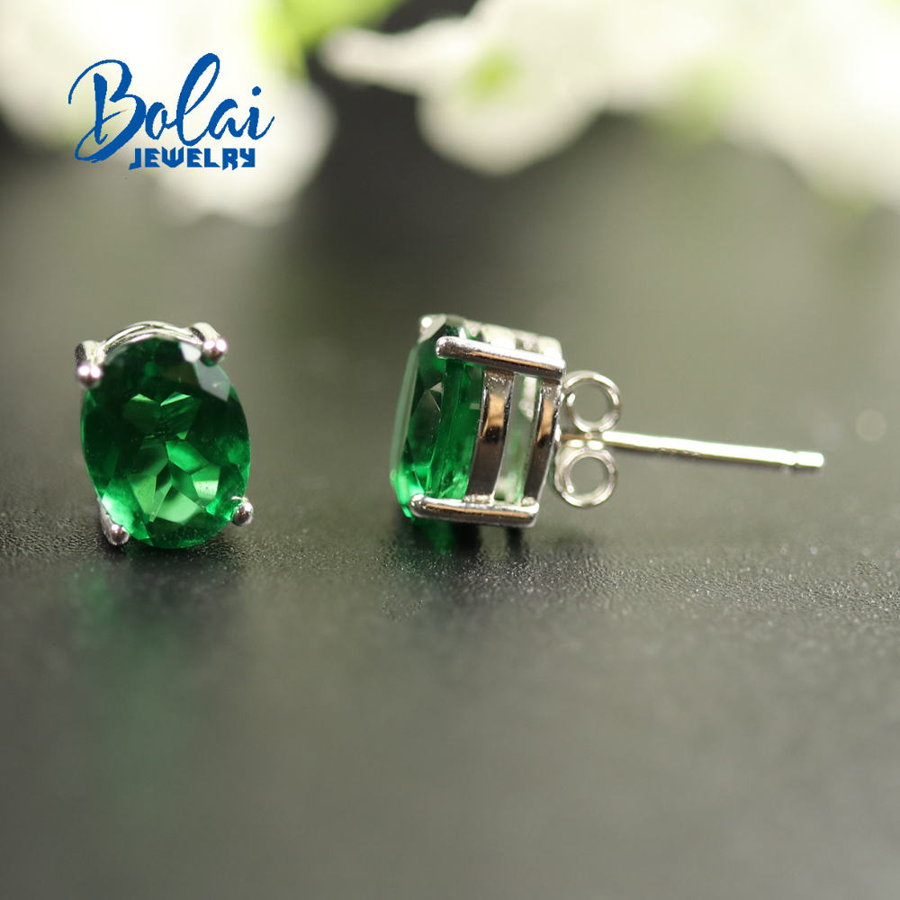 

Bolaijewelry, Created green emerald earring oval 6*8mm 925 sterling silver fine jewelry,Simple design, for women best gift