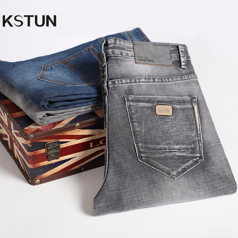 

KSTUN Men Jeans Straight Fit Stretch Grey Vintage Classic Straight Men's Clothing Full Length Trousers Denim Pants Big Size 401, Gray