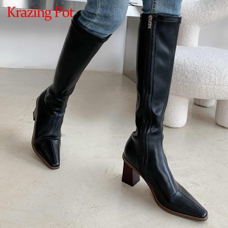 

Krazing pot equestrian boots stretch streetwear high quality thick med heel small square toe zipper mature knee high boots L0f51, Beige