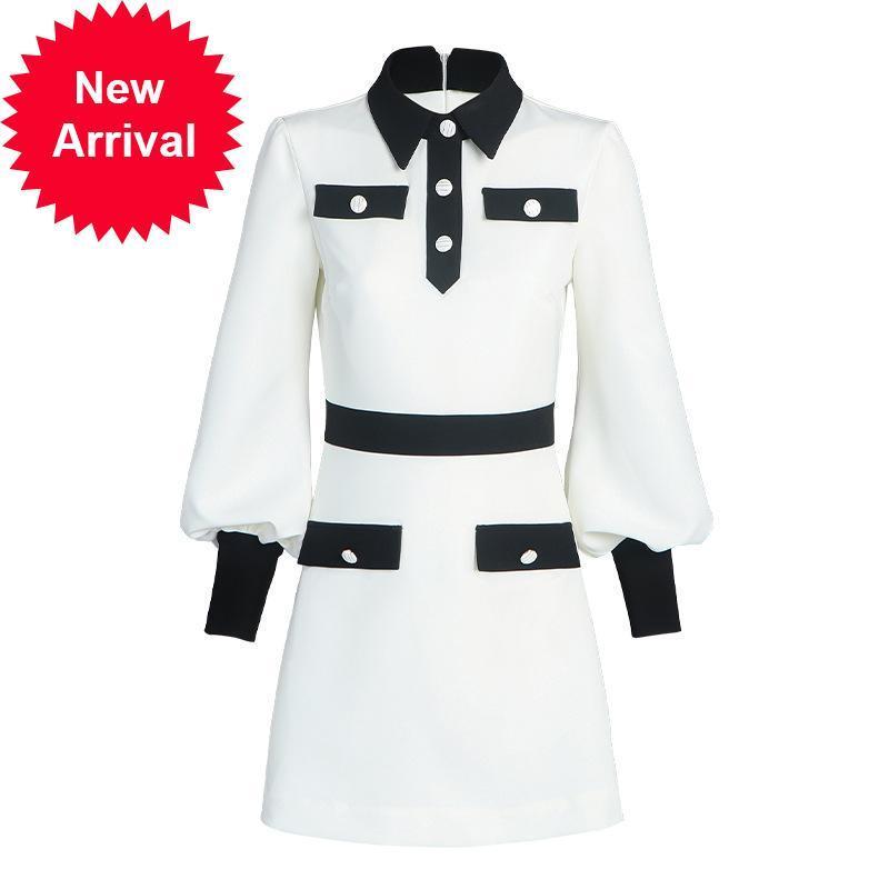 

New Women's 2021 Brand Design Spring New Contrast Trim White Thin Fashion Mini Office Dress Ladies'clothes 6PFS, Blue