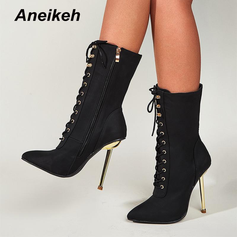 

Aneikeh Thin Heels Boots Cross-Tied Narrow Band Sexy Fashion Motorcycle Pointed Toe Zipper Women's Shoes Black NEW Spring/Autumn