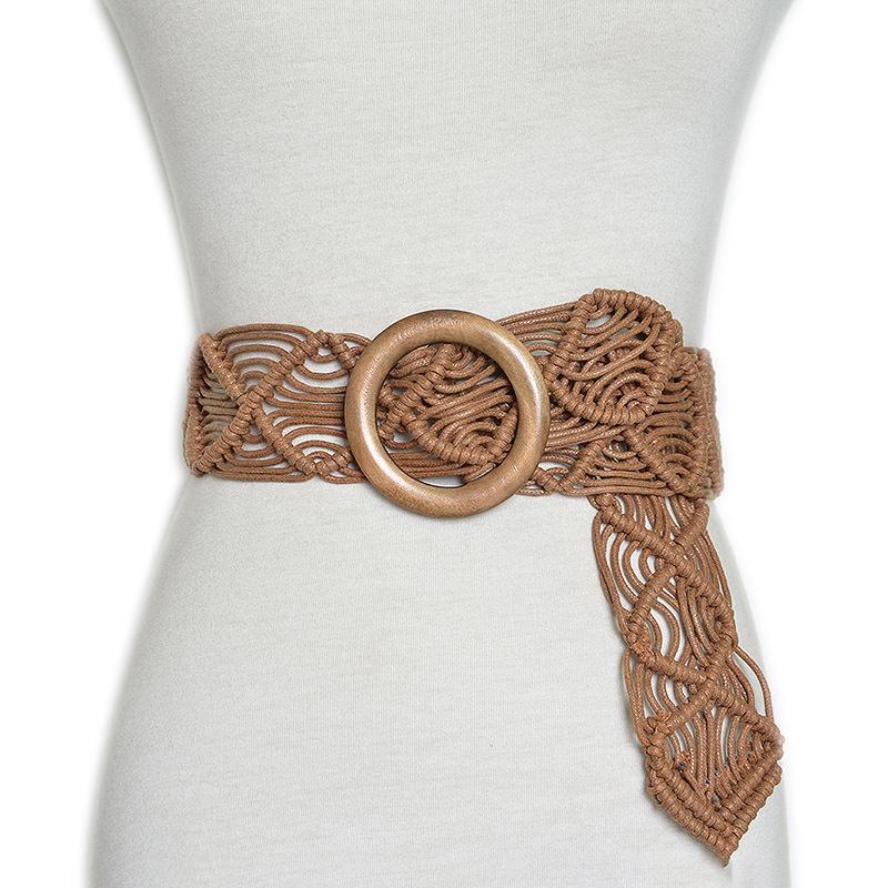 

High quality Vintage Wide Bohemian Belts Women Round Wood Buckle Female Casual Dress Belt 1PC, Brown