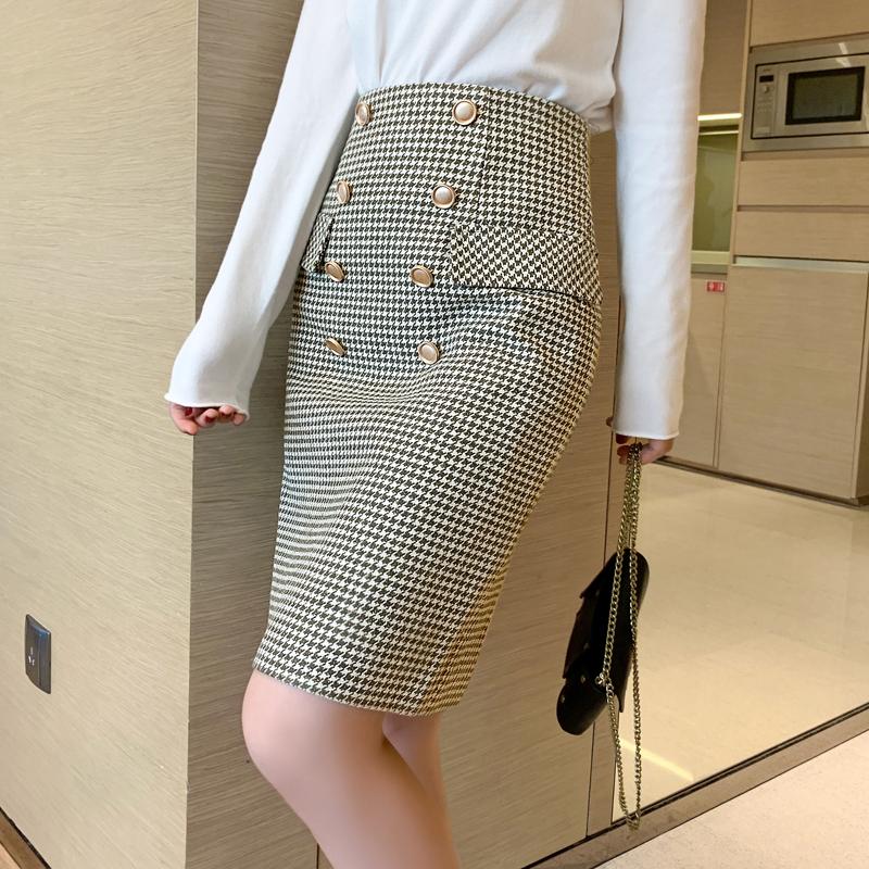 

Woolen Double Breasted Skirt Winter Women Vintage Plaid High Waist Femininas Sheath Plaid Skirt, Grid