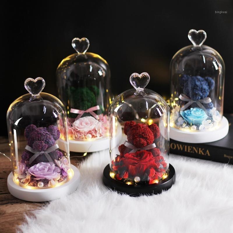 

Teddy Bear Rose Flowers In Glass Dome Christmas Festival DIY Cheap Home Wedding Decoration Birthday Valentine's Day Gifts1, Blue