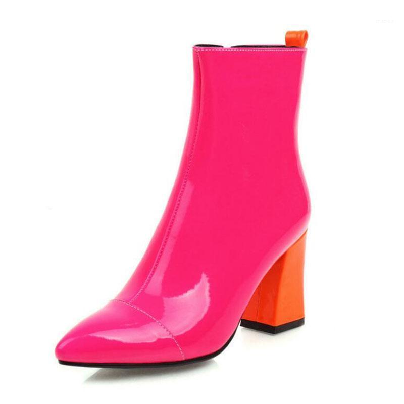 

New 2021 Shoes Women Boots Orange High Heels Ankle Boots Patent Leather Pointed Toe Zip Ladies Shoes Rose Red Big Size 43 44 451, Black