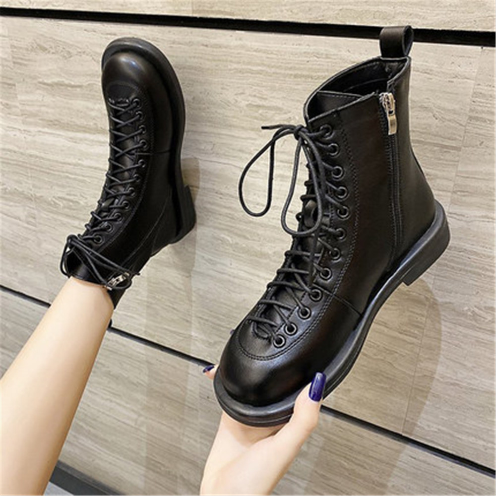 

Combat 2021 New Autumn Gothic Fashion Zip Black Teddy Leather Women's Shoes Lace Up to Warm-skinned Boots PI5C, Brown.