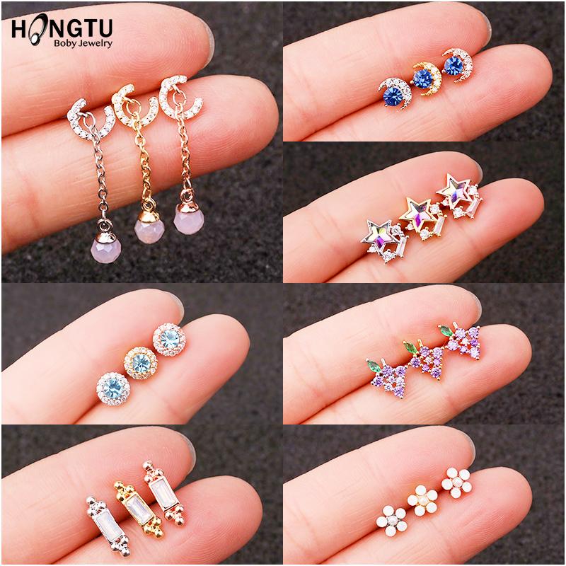 

1 Piece Korean Style Ear Piercing Studs Earrings 20G Steel Cartilage Piercing Stud Flower Moon Star Upper Earring
