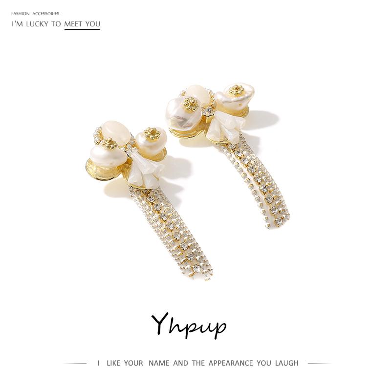

Yhpup Natural Pearls Dangle Earrings Exquisite Rhinestone Crystal Tassel Earring Elegant Bridal Jewelry for Female Free Shipping