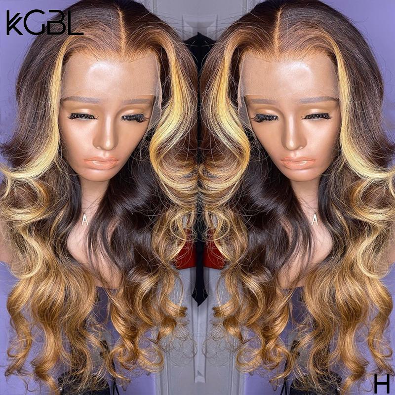 

KGBL Wavy Highlight T-part Lace Front Human Hair Wig 150% 180% Density 8-24'' Brazilian With Baby Hair Non-Remy Wig Medium Ratio, T-part lace wig