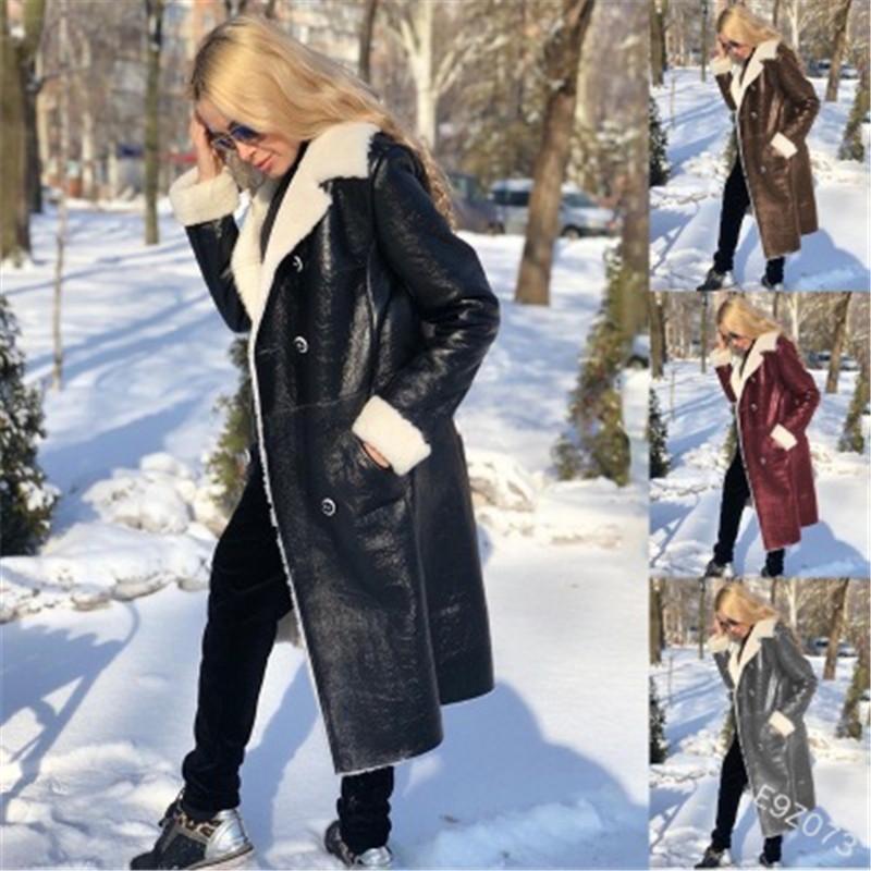 

Ladies Leather Coat Jacket Fashion Trend Fleece Long Sleeve Lapel Long Section Outerwear Designer Female Winter Casual Double Breasted Coat, Red