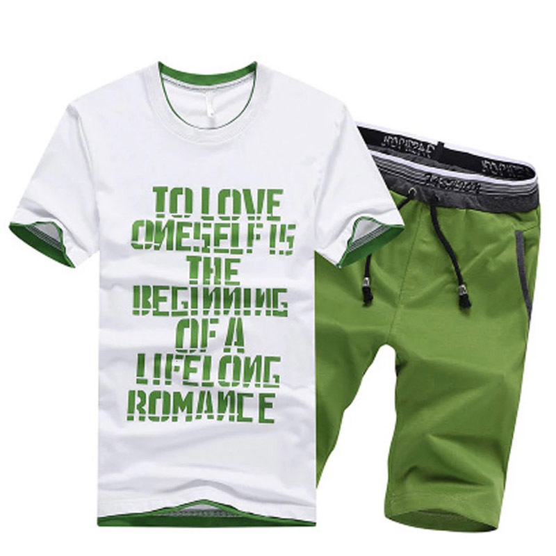 

2021 New Summer Mens Sets Short Sleeve Print Tracksuit Men Sportswear Casual 2 Pieces Set T-shirt+shorts Male Clothes Slim Sports Suits Vtx8, Green