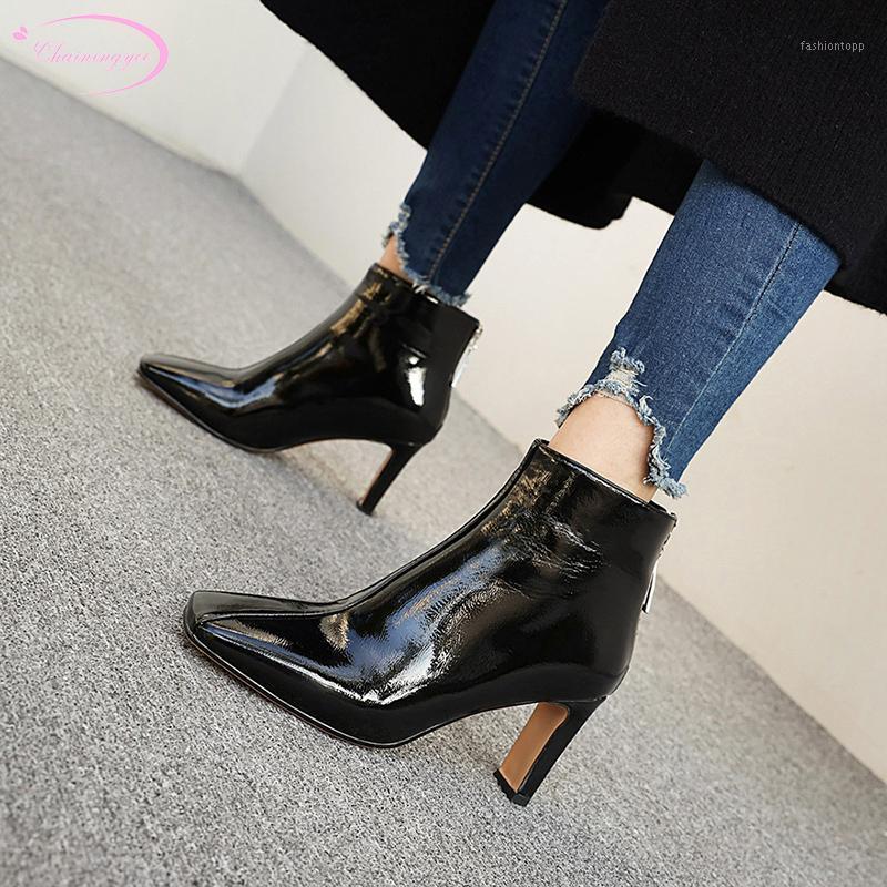 

Simple style square toe riding boots fashion paint rhinestone zipper beige black high heel thick ankle boots women's shoes1