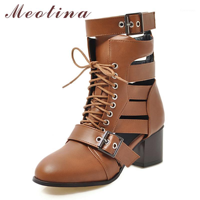 

Meotina Summer Boots Women Shoes Buckle Thick High Heel Motorcycle Boots Cutout Lace Up Ladies Shoes Spring Black Big Size 34-431