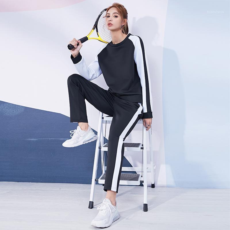 

Brand Women Sportswear Set Running Sports Suit Gym Sweatshirts+Pant Outfit Spliced Color Fitness Workout Activewear Female1, Black fsf20830
