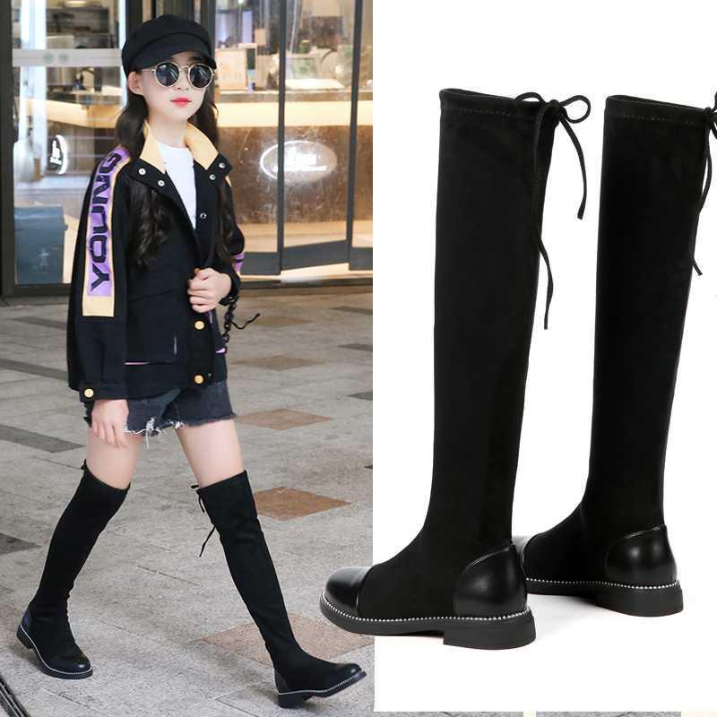 

New Girls Over-the-Knee High Boots Princess Black Performance Fashion Casual Children Spring Square heel Kids Baby Shoes 03