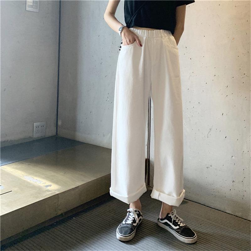 

Autumn New Style Loose Slim Solid Elastic Waist High Waist High Street Casual Full-Length Straight Denim Wide Leg Trouser, White