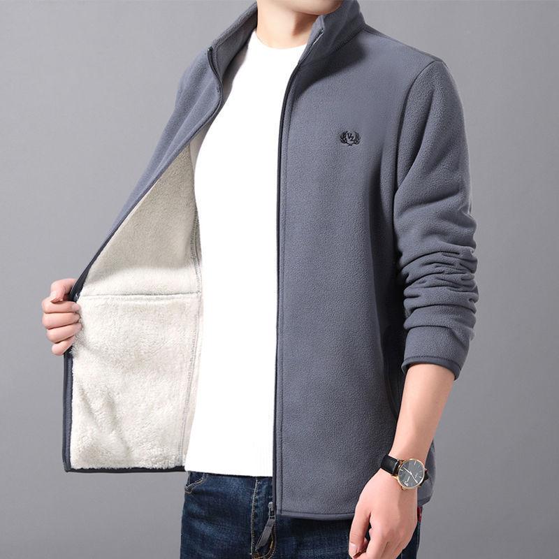 

Three-season Fleece Sweater Men's Korean Stand-up Collar Cardigan Plus Velvet Thick Casual Polar Fleece Jacket, Plus cashmere blue2