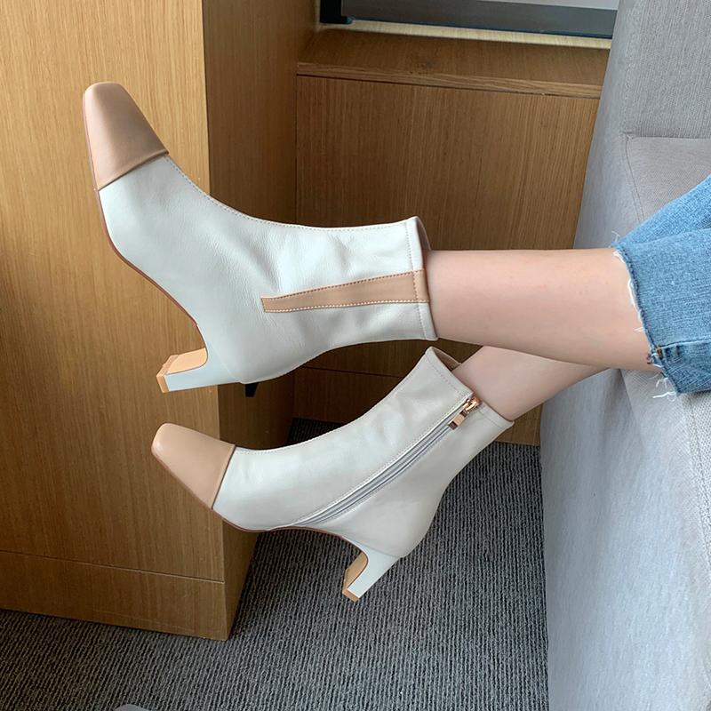 

Elegant Genuine Leather office ladies Shoes Woman Mixed Color High Heels women Boots Winter Party Office Lady Ankle Boots, Red