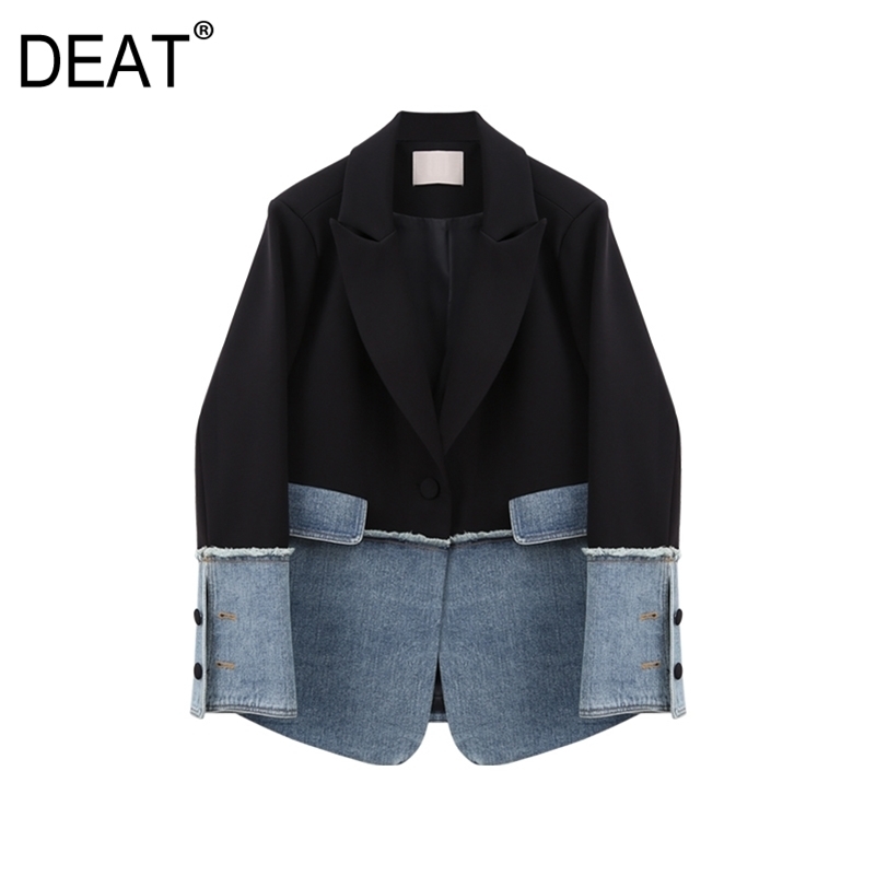 

[DEAT] Women Denim Spliced Hit Color Split Blazer New Lapel Long Sleeve Loose Fit Jacket Fashion Tide Spring Autumn 13S186 201114, Black