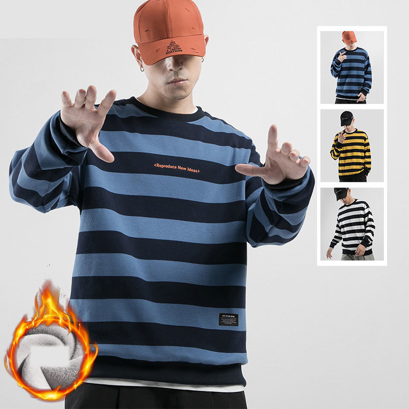 

2020 Stripe Male Casual Sweatshirt Autumn Thicken More Korean Fashion Wool Long-sleeve Streetwear New Clothes, Blue-1