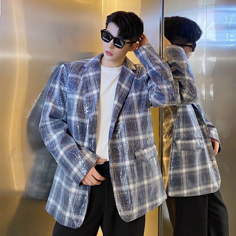 

2021 New Autumn the New Stripe Suit Style Hair Stylist Loose Handsome Nightclub in Black Fashion Dress Jacket Free Shipping N1NH