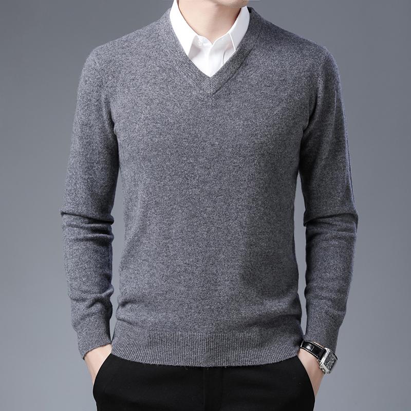

Man 100% Cashmere Sweater Autumn Winter Casual Solid Color Pure Wool Sweater Long Sleeve Warm Knit Clothing Pullovers, Black