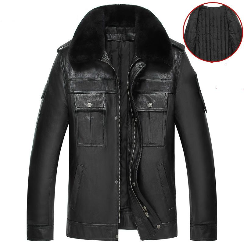 

Mens Leather Jacket Genuine Leather Down Jacket Men Clothing Goatskin Men's Jackets Winter Coat Man Thick Clothes Chaqueta Hombr, Black