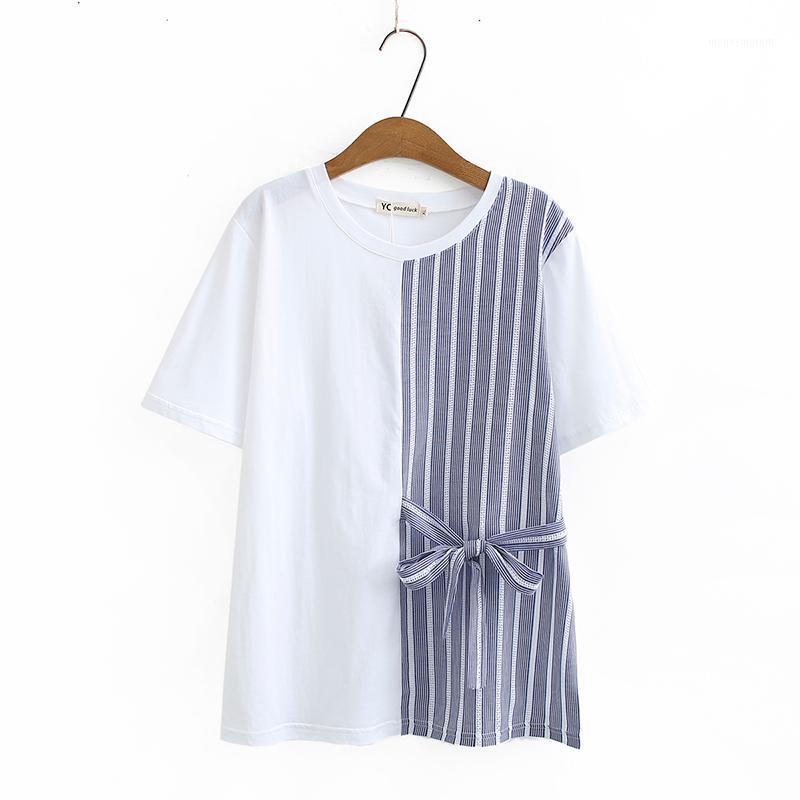 

Plus size striped patchwork cotton women loose tshirts 2020 new summer causl ladies O neck t shirts female tops t-shirts1, Black